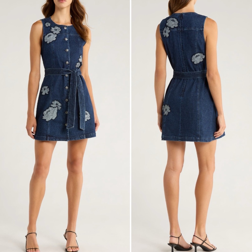 NWT Cing à Sept Marsha Floral Appliqué Tie Waist Denim Dress in Fontaine, size 6